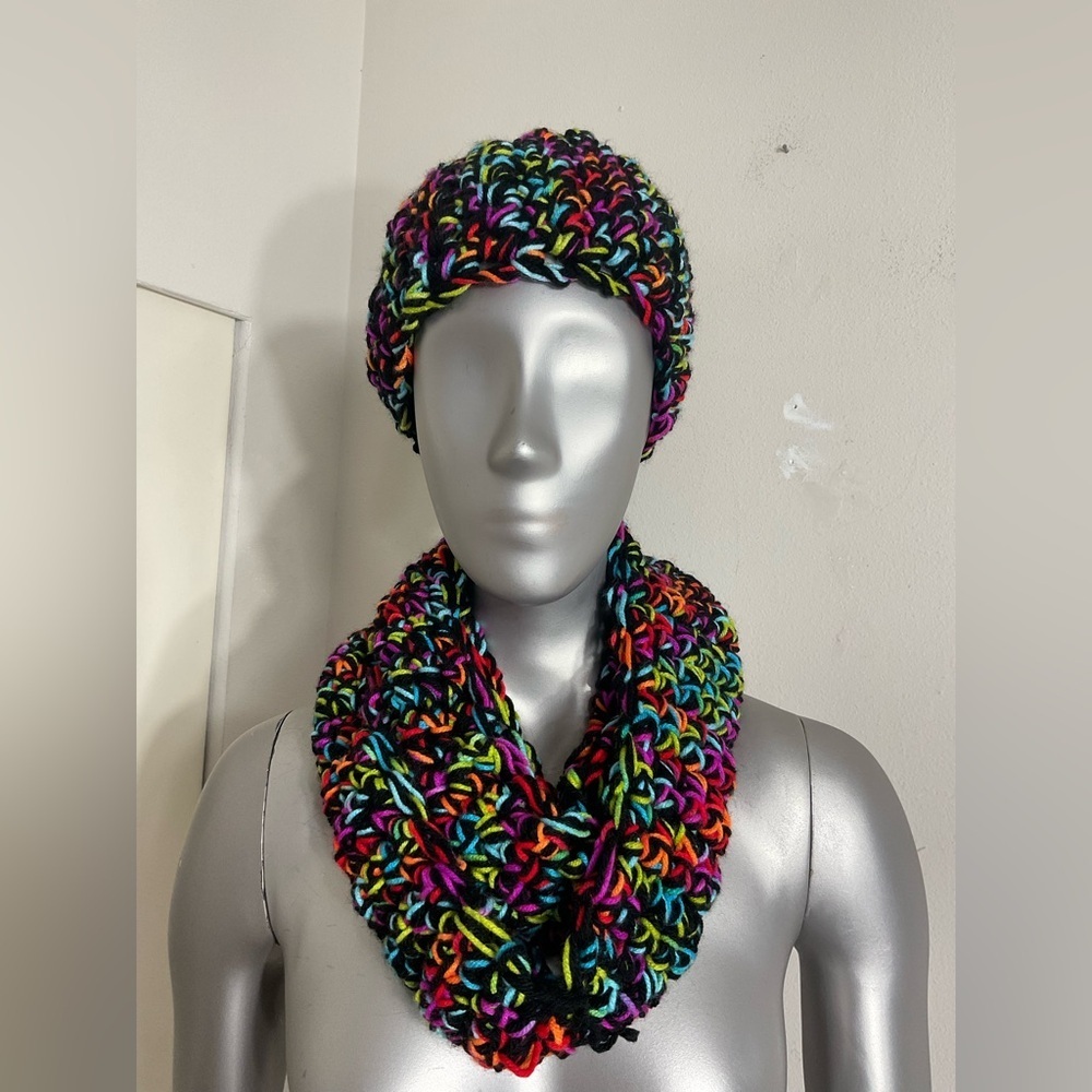 Handmade Knit Headband Infinity Scarf Set earwarmer rainbow multi color